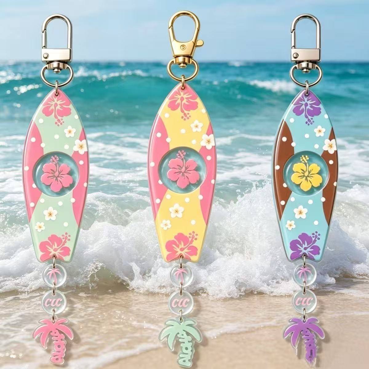 Jewelry Making Kits - INS Hawaiianisches Surfbrett-förmiges Acryl-Schlüsselanhänger-Set Hibiskusblüten- &